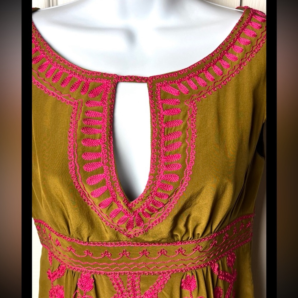 NANETTE LEPORE Dress Embroidered 100% Silk Green Pink Empire Cap Sleeves Sz 0 - Picture 4 of 9